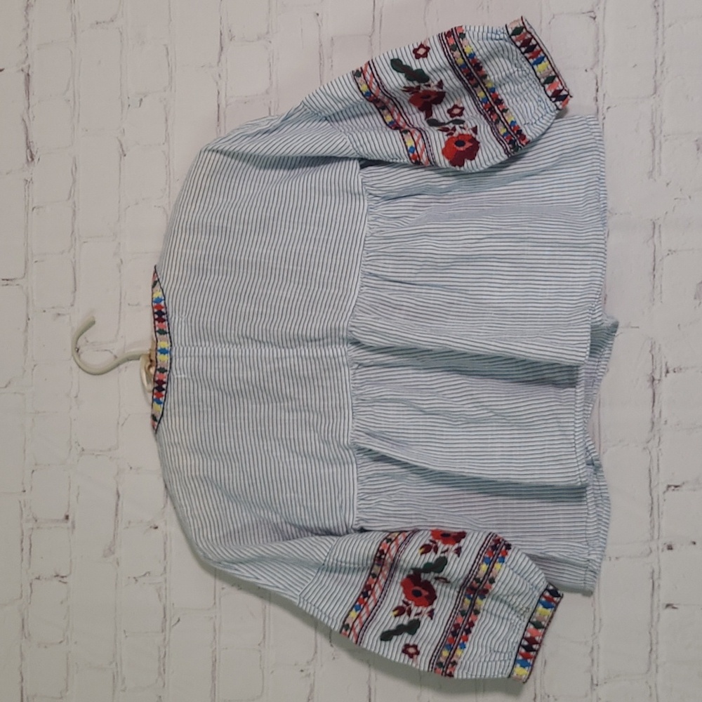 ZARA Kids Embroidered Peasant Blouse Stripes Bell Sleeve Girls Size 7 - Picture 9 of 15